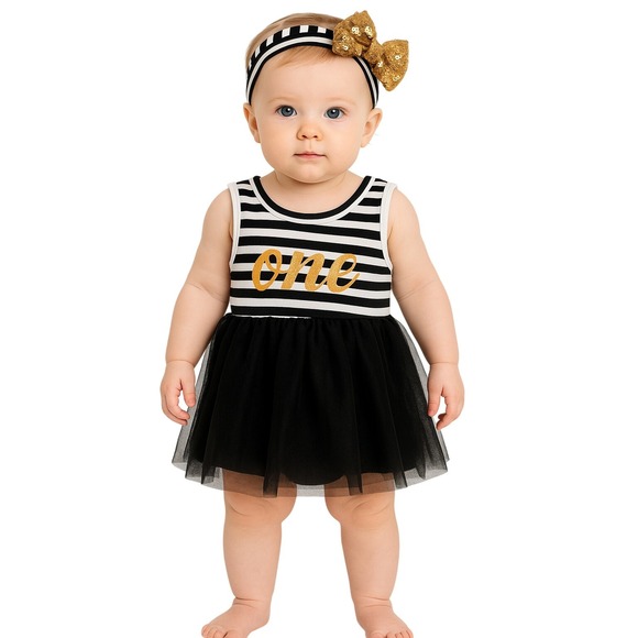 CatPapa Baby Girl First Birthday Outfit Dress Headband Stripe Gold One 12M New - Picture 1 of 9